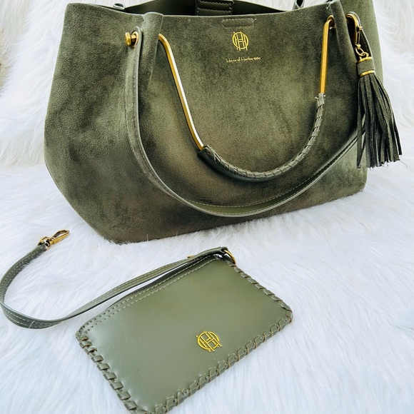 HOUSE OF HARLOW 1960 Luxe Suede Olive Green and Gold Satchel - Picture 1 of 9